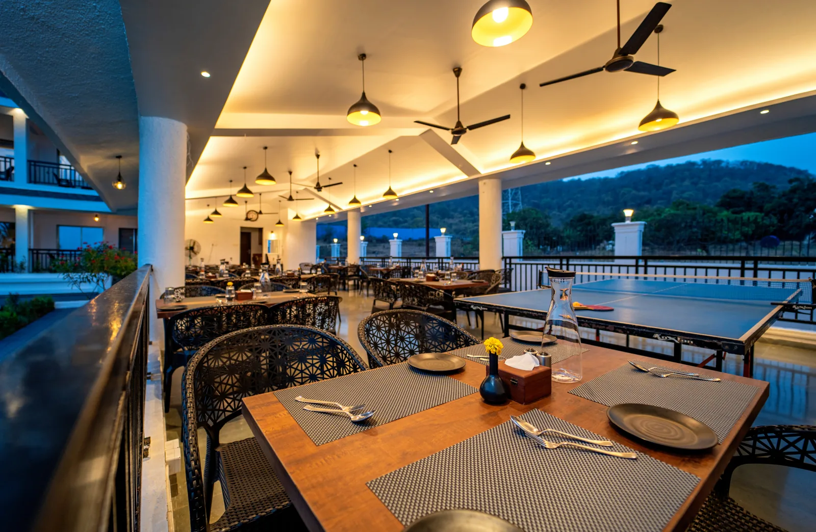Restaurant seating with garden view